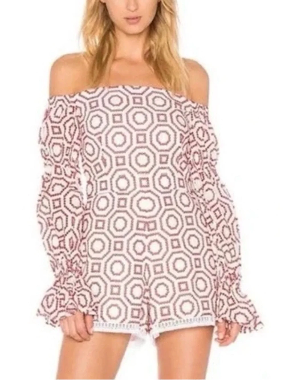 NWT Revolve x Alexis Kizzy White & Red 
Embroidered Off Shoulders Romper -Size S
